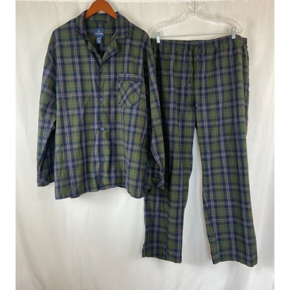 EUC Stafford Men's XXL Sleepwear Long Sleeve Pajama Set Plaid Blue Green Stretch - Picture 1 of 11